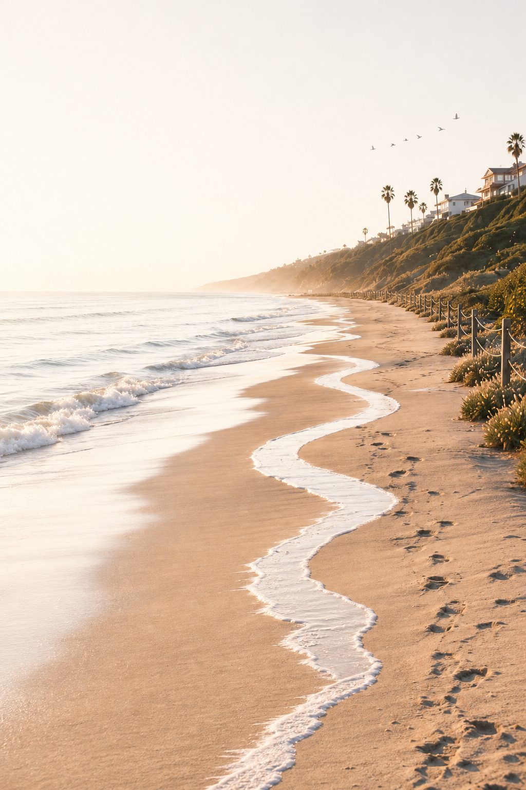 Calm beach shoreline at sunrise